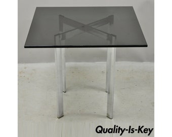 Mid 20th Century Chrome X-Frame Smoked Glass Barcelona Style Side End Table
