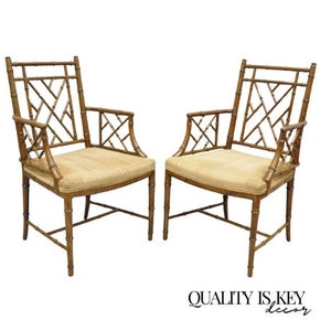 Hollywood Regency Faux Bamboo Fretwork Chinese Chippendale Arm Chairs - Pair