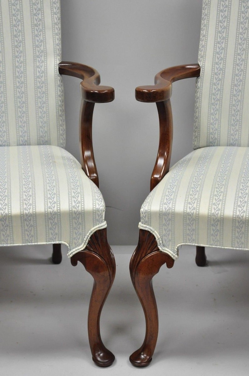Pair Hickory Chair Co Queen Anne Style Armchairs Mahogany Library Dining Chairs