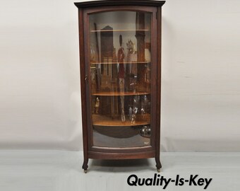 Antique Mission Oak Arts & Crafts Bowed Front China Display Cabinet Curio