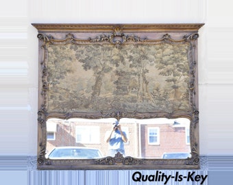 Antique French Louis XV Style Large Overmantle Trumeau Mirror with Tapestry