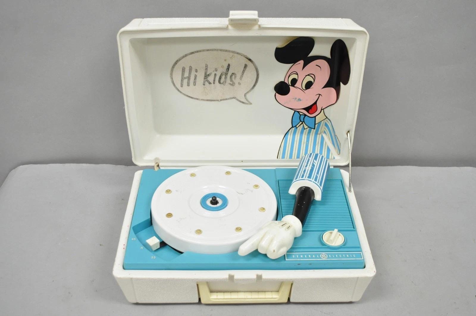 Vintage Mickey Mouse Walt Disney Blue Portable Record Player GE