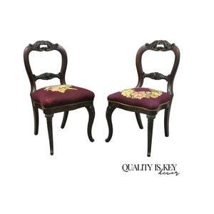 Antique Eastlake Victorian Carved Mahogany Needlepoint Parlor Side Chairs - Pair