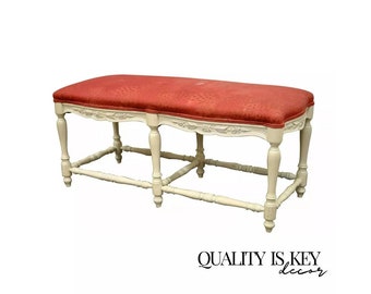 Vintage French Country Style White Carved Wood 6 Leg Upholstered Window Bench