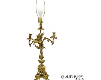 Antique French Rococo Baroque Gold Bronze Leafy Scroll Candelabra Table Lamp