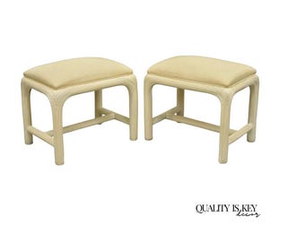 Vintage Hollywood Regency Rattan Pencil Reed Stools by American Drew - a Pair