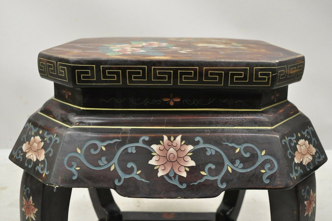 Vintage Chinese Pedestal Plant Stand Black Lacquer Bird Flower Etsy