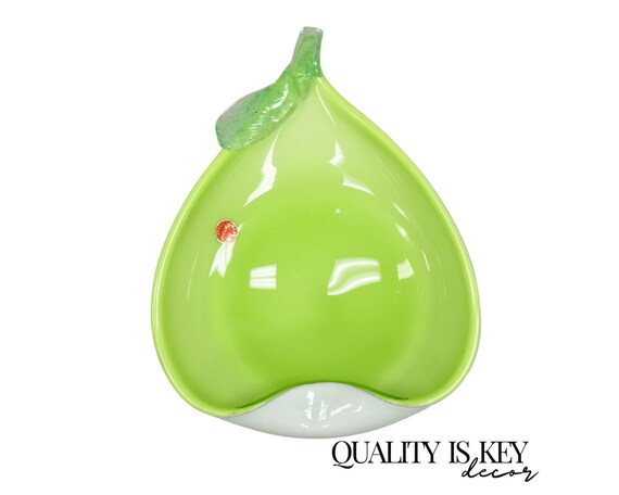 Italian Barbini Murano Art Glass Pear Shaped Green & White Bowl Trinket Dish