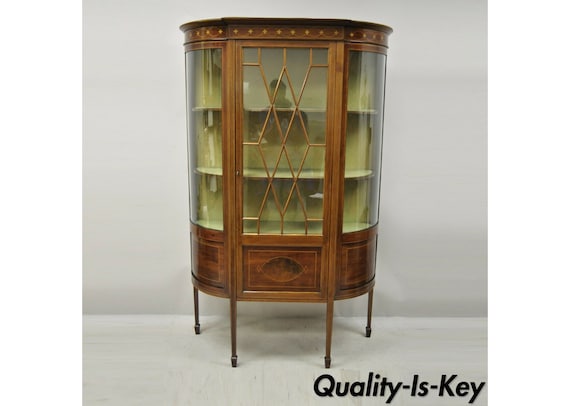 English Edwardian Satinwood Inlay Bowed Curved Glass China Display