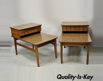 Mersman Mid Century Modern Walnut and Laminate Step Side End Tables - a Pair