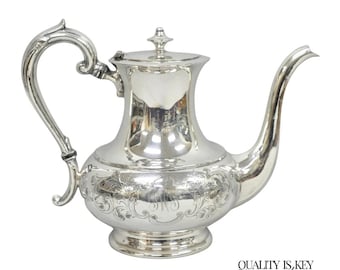 Vintage Victorian Silver Plated Floral Repousse Tea Kettle Teapot w/ Monogram