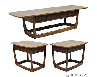 Vintage Mid Century Modern Sculpted Walnut & Laminate Coffee End Table Set 3 Pc
