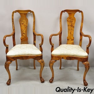 Vintage Queen Anne Style Italian Burl Patchwork Floral Inlay Arm Chairs - a Pair