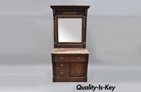 Victorian Eastlake Burl Walnut Marble Top Wash Stand Dresser Etsy