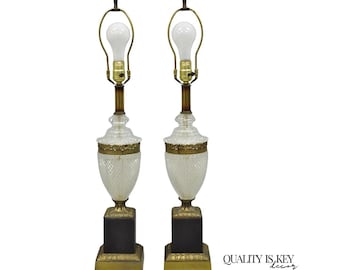 Vintage French Empire Hollywood Regency Cut Glass Crystal Urn Table Lamps - Pair