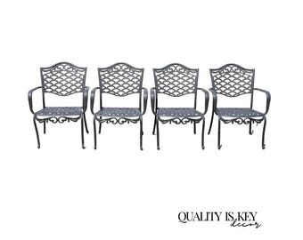 Tuscan Mediterranean Black Aluminum Metal Garden Patio Dining Chair - Set of 4