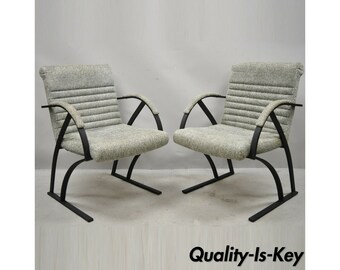 Mid Century Cal-Style Furniture Art Deco Metal Frame Lounge Arm Chairs A - Pair