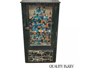 American Colonial Primitive Rustic Green Distress Paint Kitchen Cabinet Cupboard