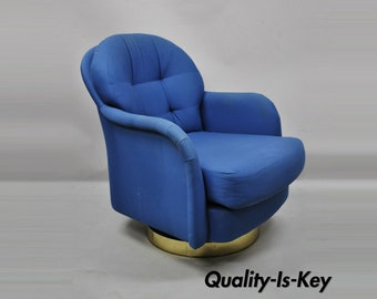 Milo Baughman for Thayer Coggin Swivel Tilt Blue Upholstered Club Lounge Chair