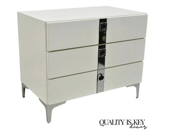 Contemporary Modern White Formica Chrome Trim 3 Drawer Chest Nightstand Table