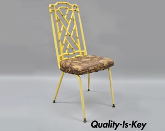 Yellow Hollywood Regency Metal Faux Bamboo Dining Chair Vintage Chinese Chippendale