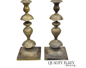 Antique Fraget N Plaque Renaissance Sabbath Brass Gilt Candlesticks - A Pair