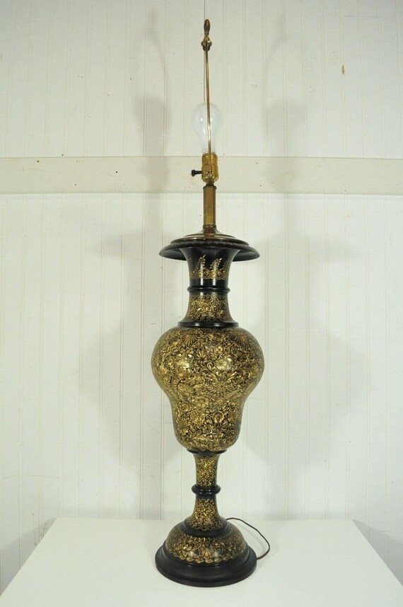 Vintage Etched Brass Table Lamp Syrian Moroccan Turkish Hollywood
