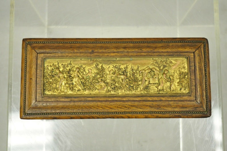 Antique E. Schutzmarke Oak Wood Figural Bronze Relief Jewelry Box Casket image 3