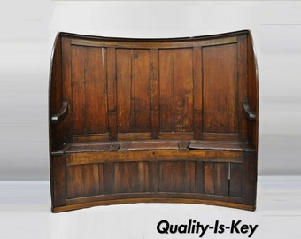 18th Century Antique High Back Curved English Pine Pub Settle Hall Storage Bench