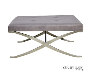 Contemporary Modern Brushed Chrome Frame X-Form Purple Tufted Bench Ottoman