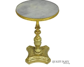 Antique French Victorian Solid Brass Round Glass Top Small Pedestal Side Table
