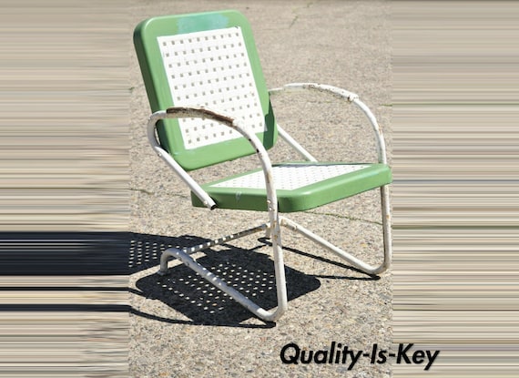 Art Deco Metal Basketweave Old Green White Porch Outdoor Spring