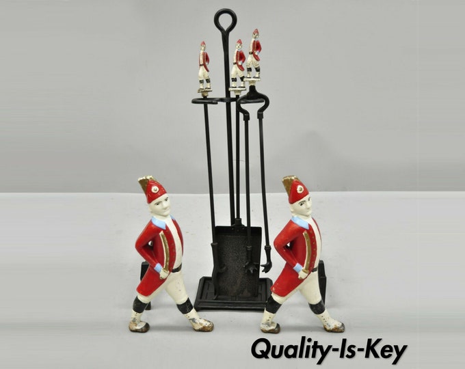 Vintage Hessian Soldier Fireplace Tool Set and Pair of Andirons Red