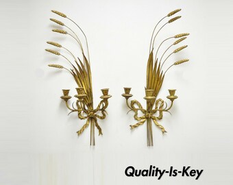 Italian Hollywood Regency Gold Gilt Iron Tole Wheat Sheaf Wall Sconces - a Pair