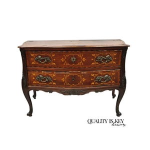 Antique French Louis XV Style Marquetry Inlay Walnut Bombe Commode Chest Dresser