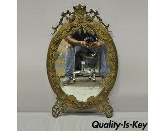 Antique French Louis XVI Brass Frame Oval Beveled Glass Mirror Bronze Ormolu