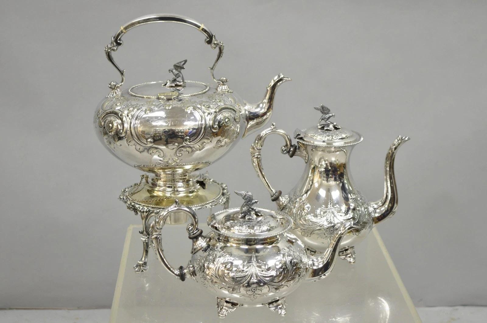 【John Turton】 ファルコンのティーセット 4点 ティーポット/ジャグ Antique John Turton Sheffield England Victorian Silver Plated Tea