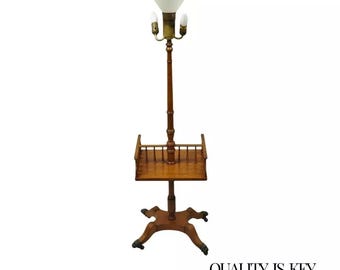 Vintage English Regency Style Mahogany Floor Table Lamp with Carved Harp Gallery