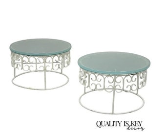 Arthur Umanoff Wrought Iron Scroll Low Round Glass Top Side Tables - a Pair
