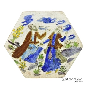Antique Persian Iznik Qajar Style Ceramic Pottery Tile Hexagonal Blue Couple C5