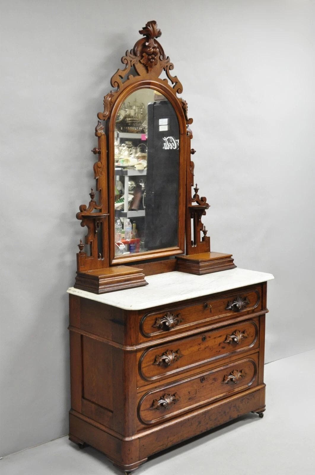 Antique Eastlake Victorian Carved Walnut Marble Top Washstand