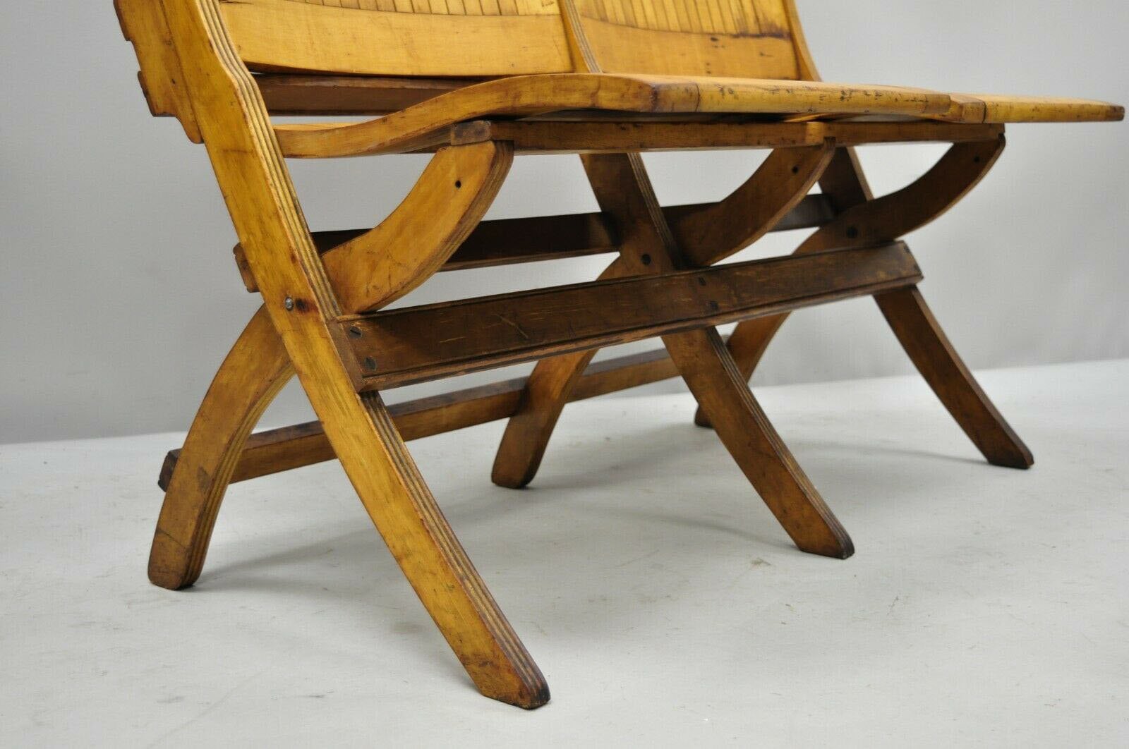 Antique Vintage Wood Slat Double Folding Seat Theater School Old