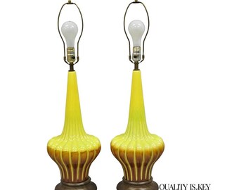 Vintage Mid Century Modern Yellow Brown Sculpted Ceramic Pottery Table Lamp Pair