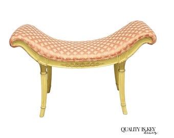 Vintage French Hollywood Regency Cream & Gold Wood Pink Waterfall Vanity Benchv