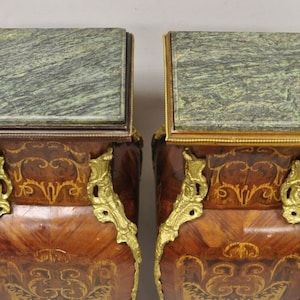 Vintage French Louis XV Style Marble Top Marquetry Inlay Bombe Pedestals a Pair image 4