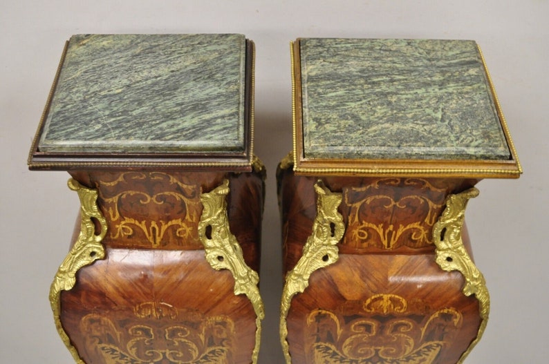 Vintage French Louis XV Style Marble Top Marquetry Inlay Bombe Pedestals a Pair image 4