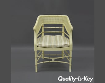 Faux Bamboo Cane Arm Chair Wood Hollywood Regency Chinese Chippendale Vintage Rattan