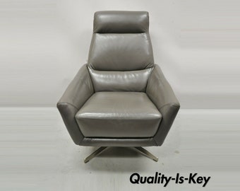 Modern Gray Leather Chrome Steel Swivel Base Lounge Club Arm Chair