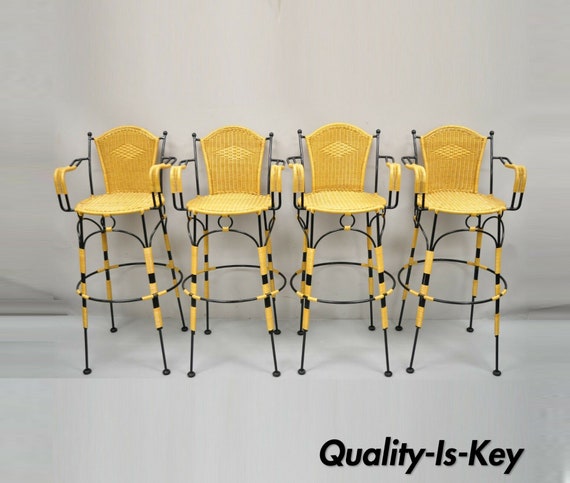 Wrought Iron Woven Vinyl Rattan Spanish Bar Stools With Arms Set
