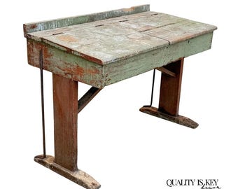 Antique French Primitive Rustic Green Distress Painted Flip Top Wood School Desk